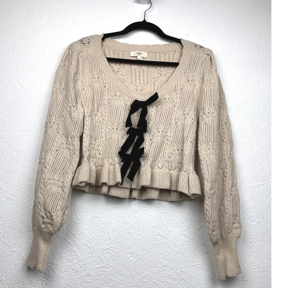 Entro Cream Pointelle Bow Sweater - S - Ruffle Hem Cropped Coquette Boho T24154